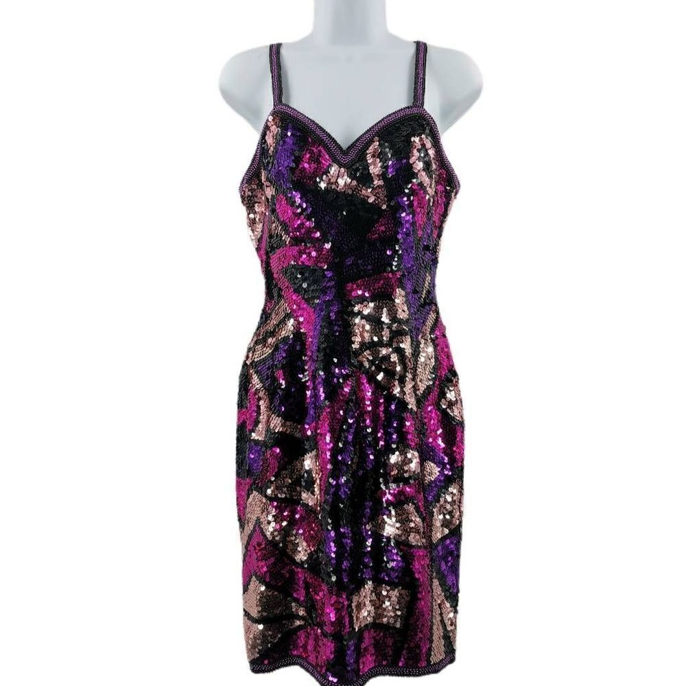 Vintage Black Silk Spaghetti Strap Dress Hand Embellished in Multicolored Beads/